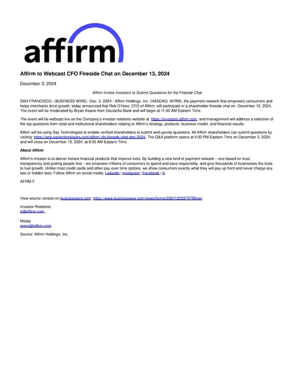 Affirm to Webcast CFO Fireside Chat on December 13, 2024 - Page 1